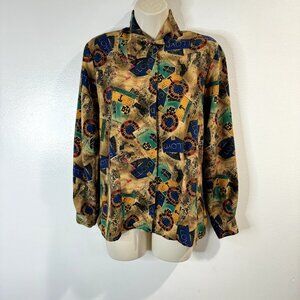 Vintage Bill Blass Shirt Size 6 Postcard Italy Travel Satin 80s 90s Brown